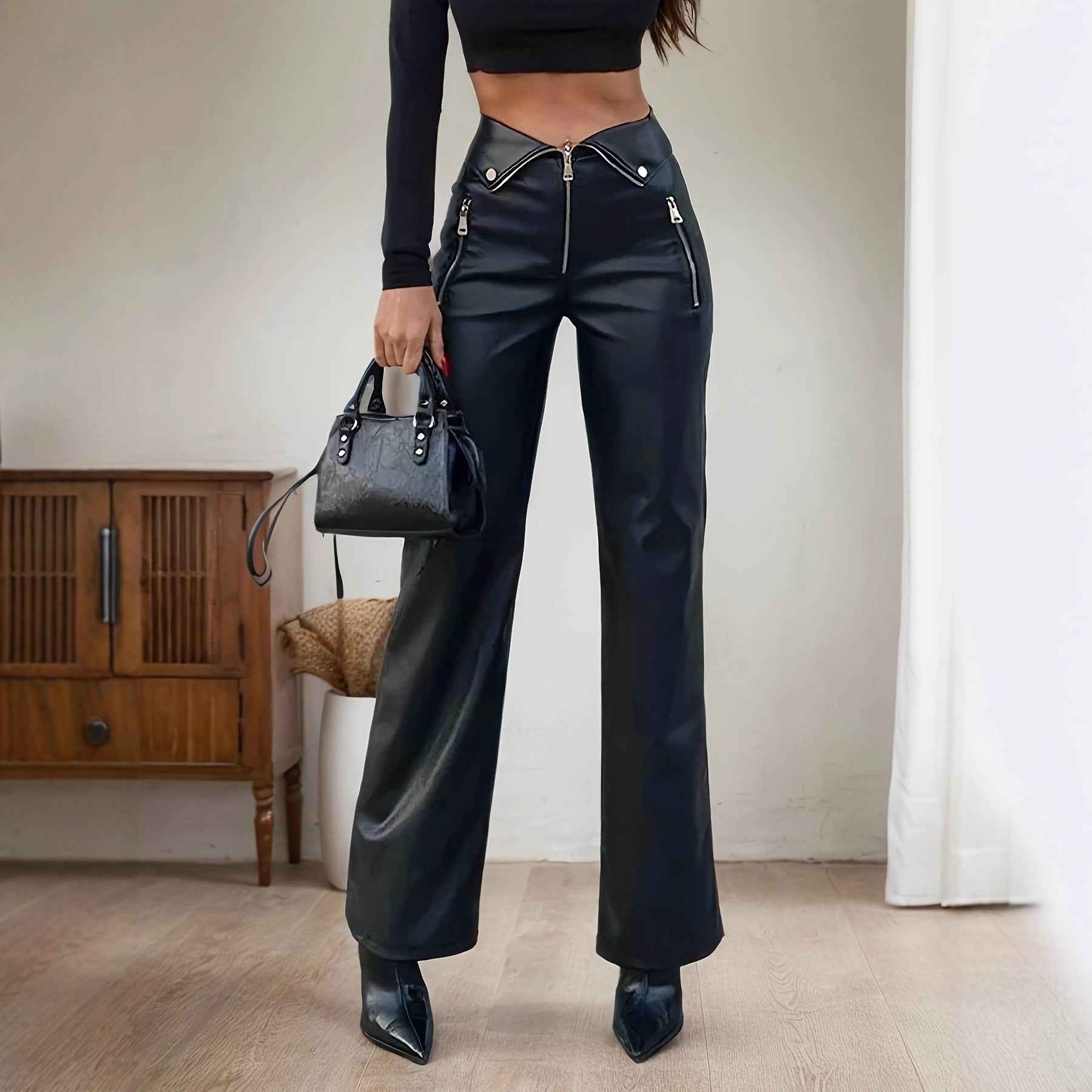 Faux Leather Nightclub Metal Zipper Straight Leather Jeans
