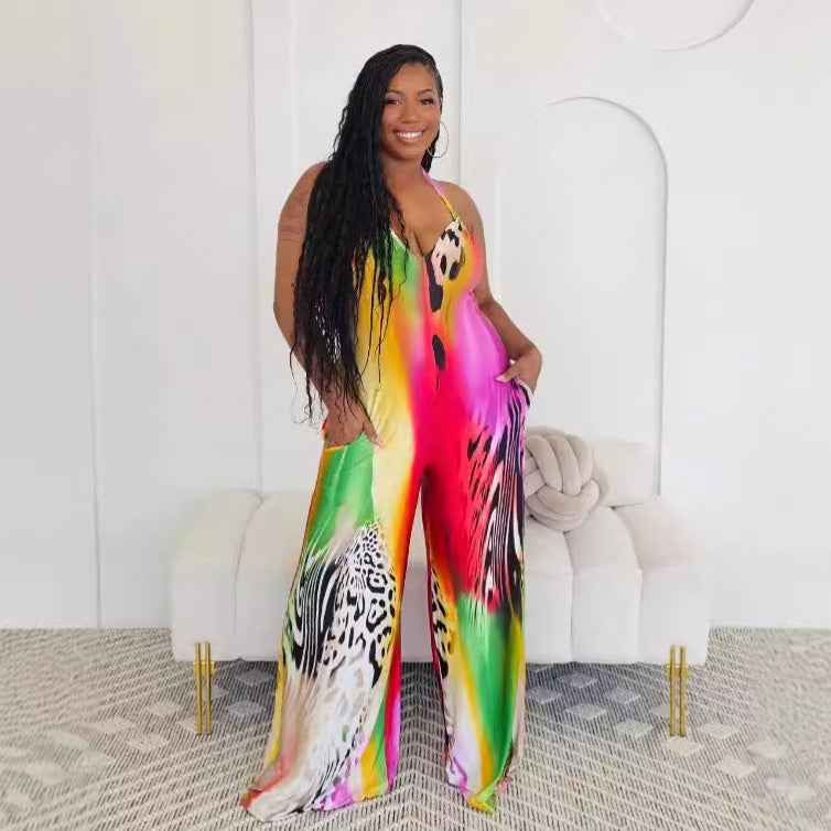 Printed Halter Strap Backless Slim Fit Jumpsuit