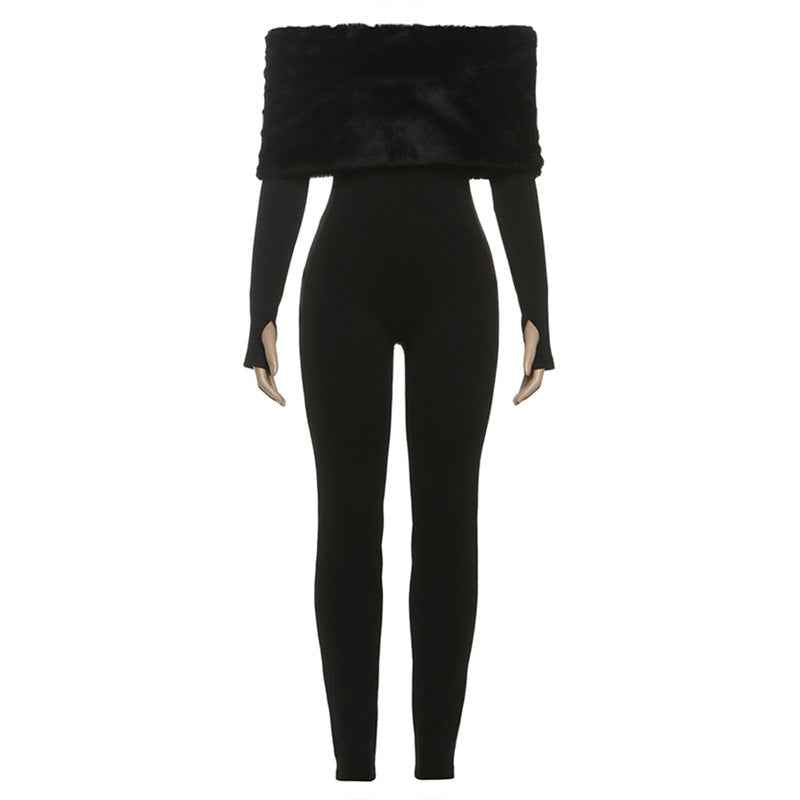 Sexy off the Shoulder Furry Slim Fit Patchwork Jumpsuit