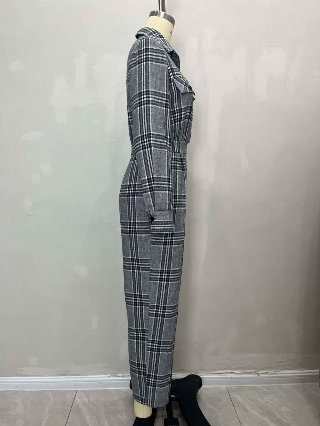 Collared Button Retro Plaid High Waist w Pocket Jumpsuit for Women
