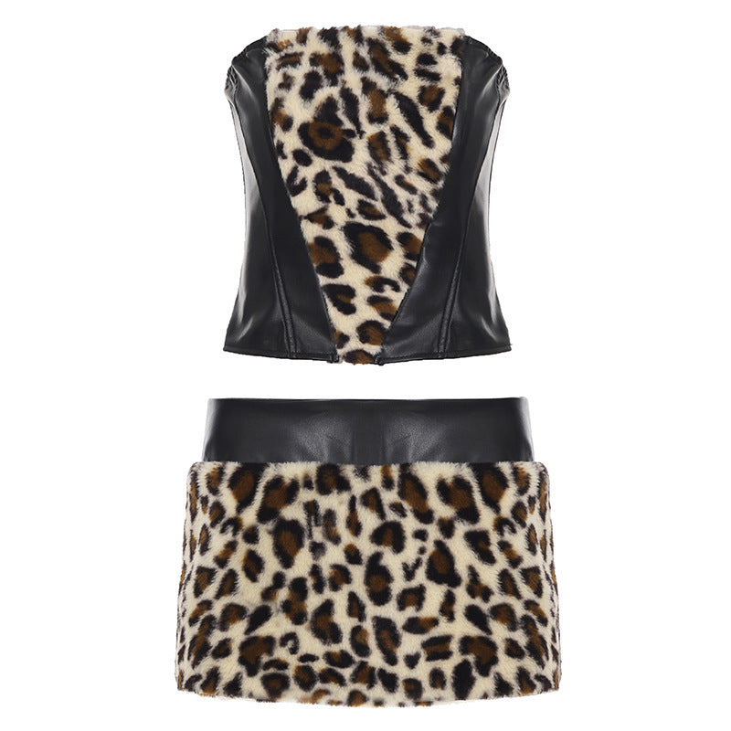 Leopard Fur Stitching Leather Hip Skirt Two Piece Set