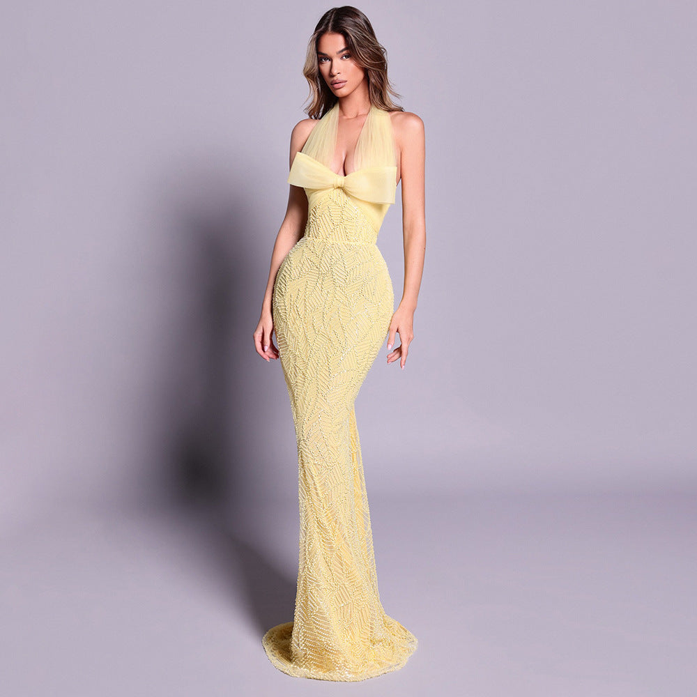 Yellow Heavy Industry Tube Bead Bow Halter Formal Dress