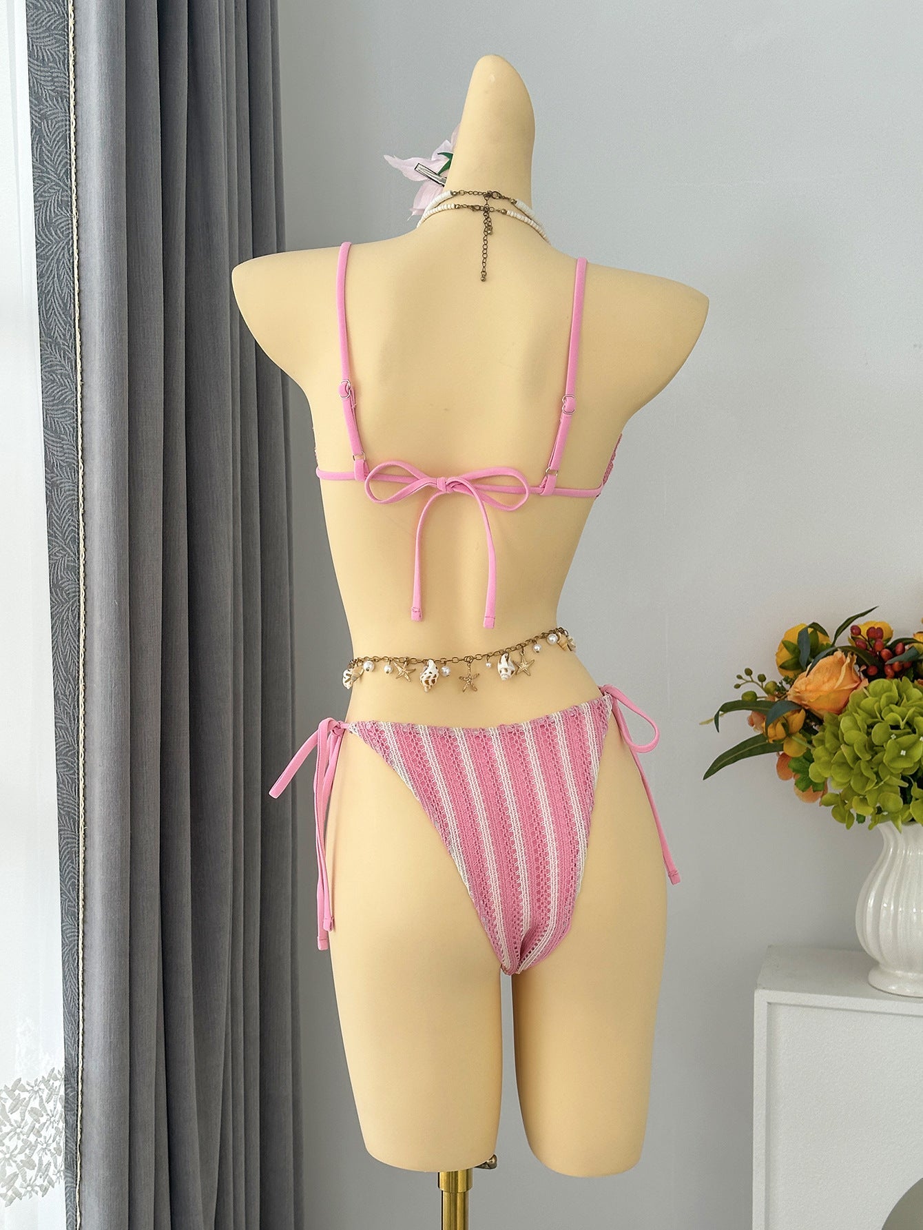 Striped Halter Lace up Bikini Swimsuit MUNSIEUR