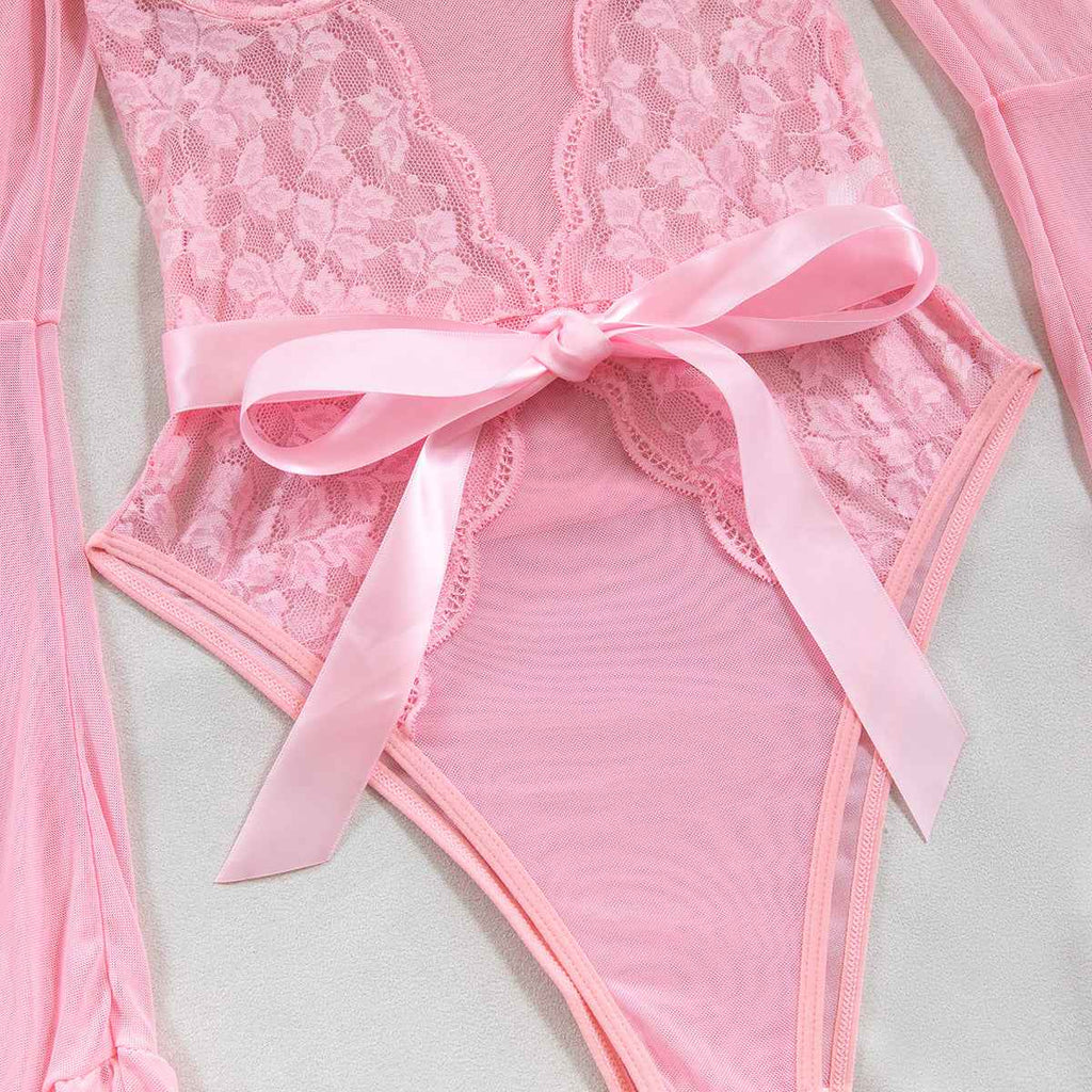 Lace Stitching Elastic Mesh Flared Bodysuit