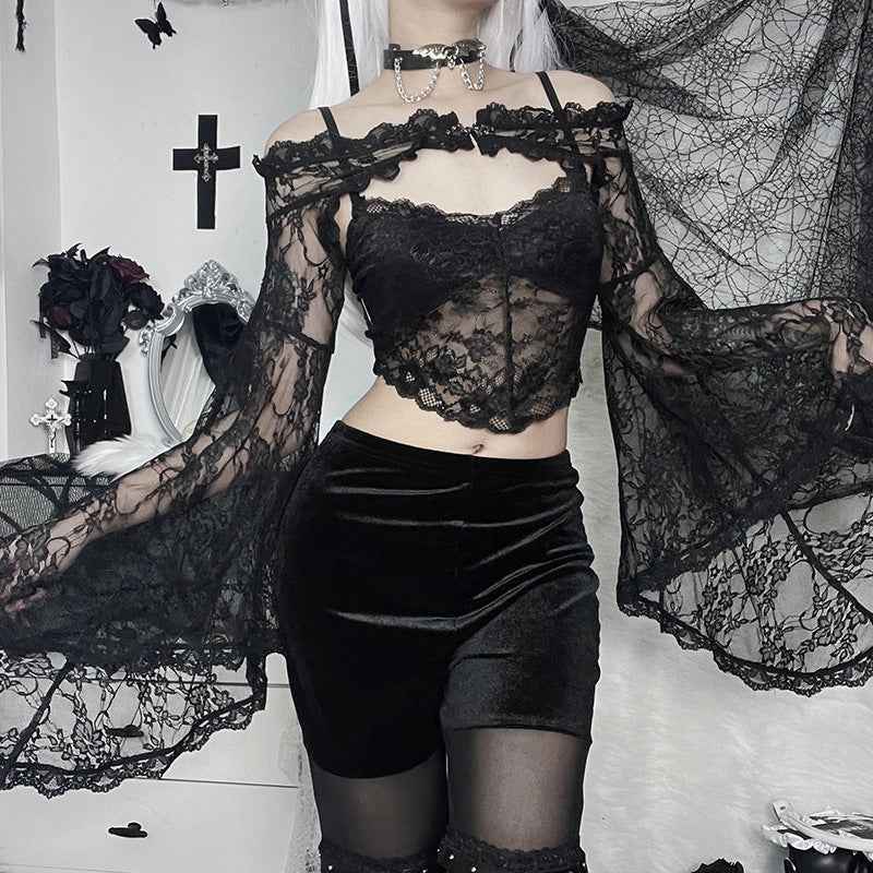 Gothic Classic Lace Flare Sleeve Blouse Y2K Rave