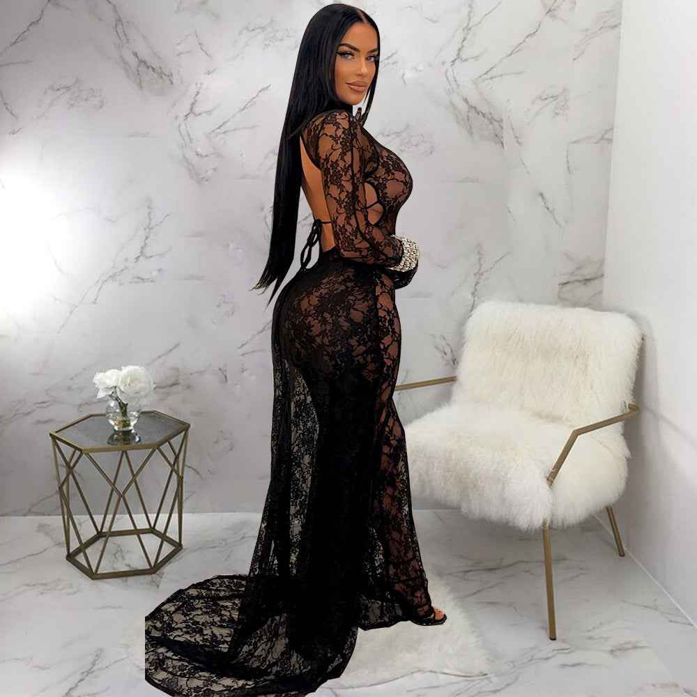 See through Lace Backless Lace up Jumpsuit