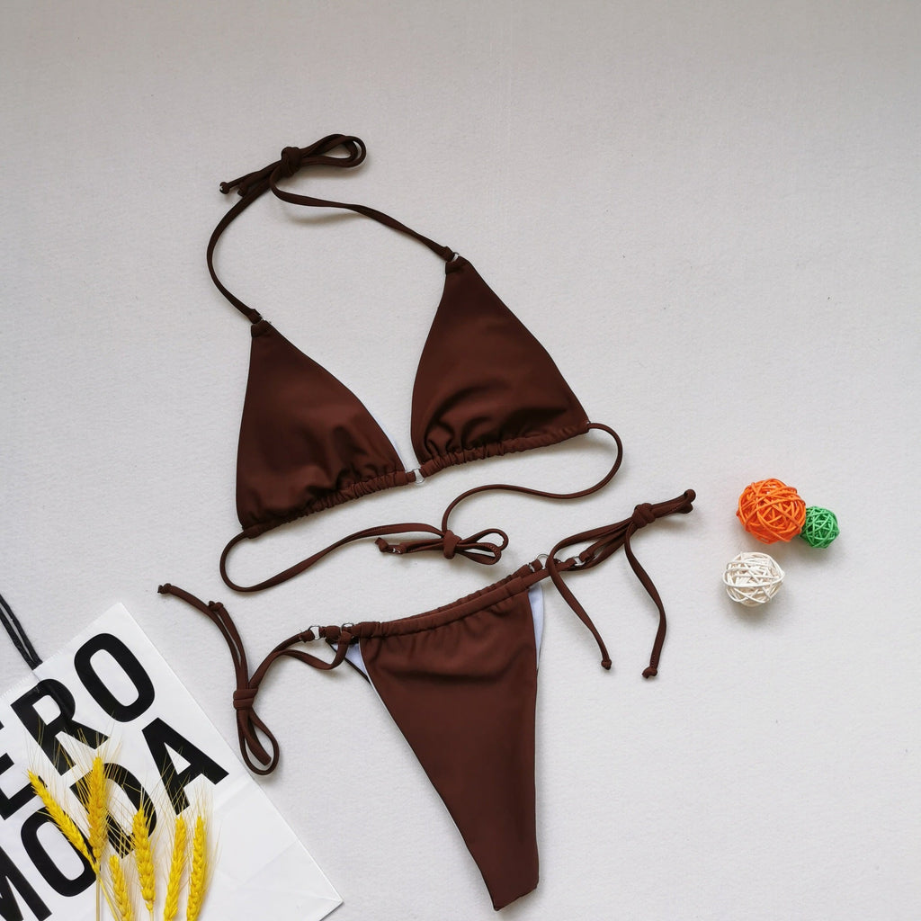 Sexy Triangle Soft Bag Drawstring Bikini Strap Backless Lace Up Swimsuit Women