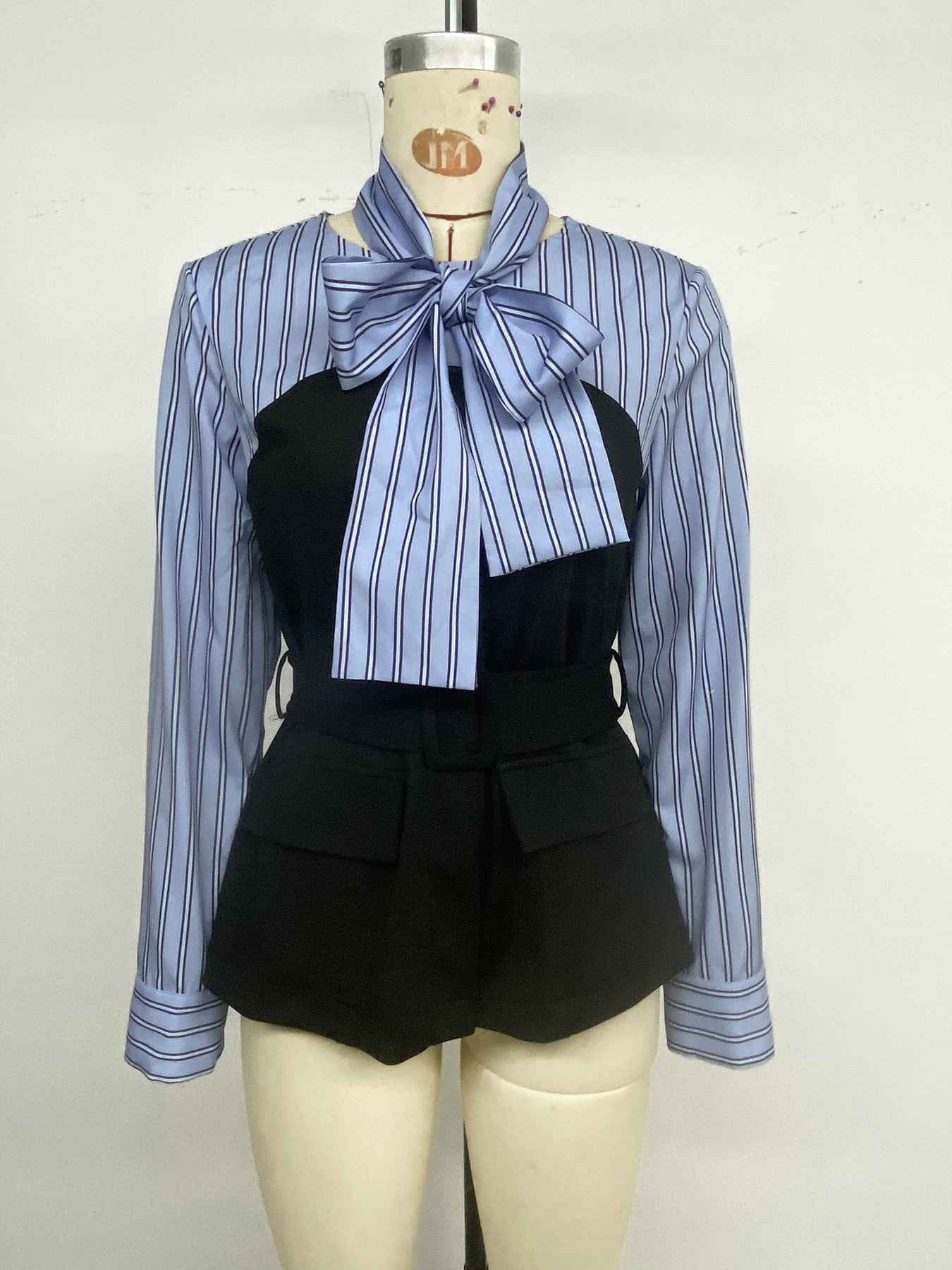 Striped Stitching Elegant Blouse False Two Piece Set