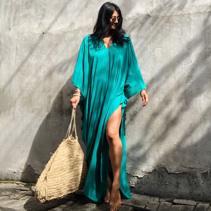 Rayon Solid Color Blouse Seaside Vacation Dress Loose Overclothes Bikini Swimsuit Robe Outer Wear Women