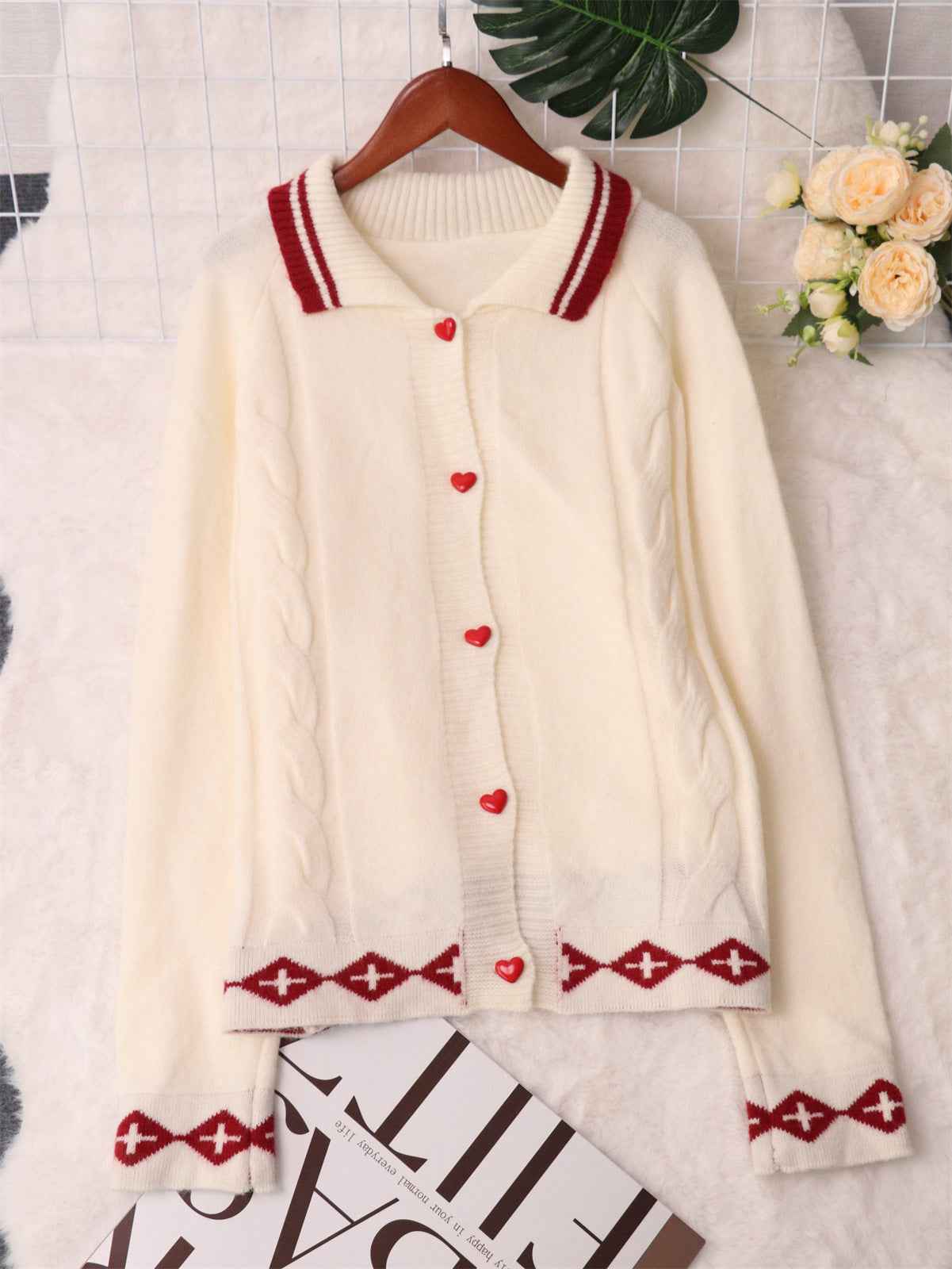 Valentine's Day Retro Pattern Cute Love Button Long Sleeve Knit Cardigan Sweater