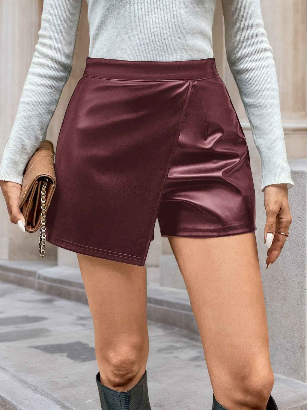 Casual High Waist Irregular Asymmetric Faux Leather Bottoms Skort