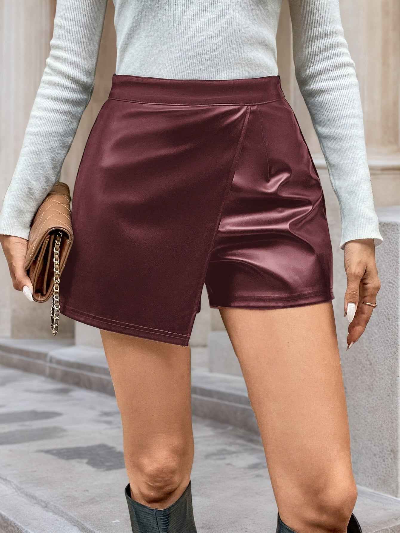 Casual High Waist Irregular Asymmetric Faux Leather Bottoms Skort