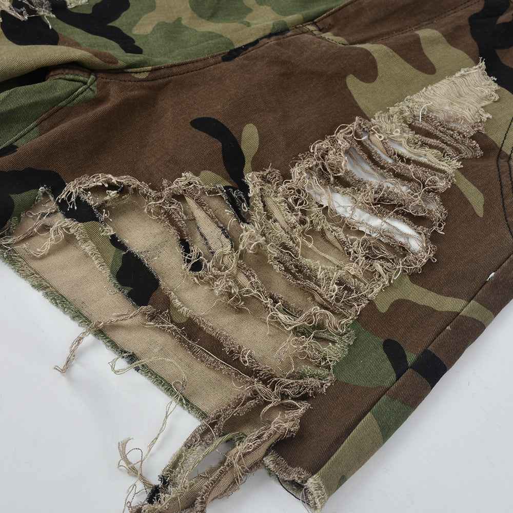 High Waist Camouflage Washed Tassel Bottoms for Women