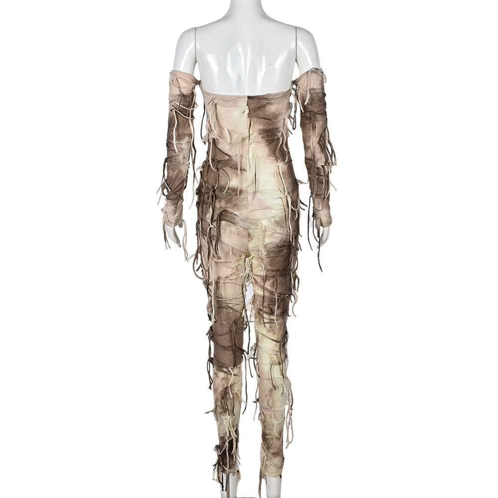 Autumn Tie Dyed Tassel Sexy Bandeau Backless Ice Sleeve Jumpsuit for Women