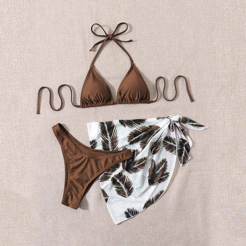 Printed Halter Lace up Bikini Three Piece High Waist Mesh Split Swimsuit