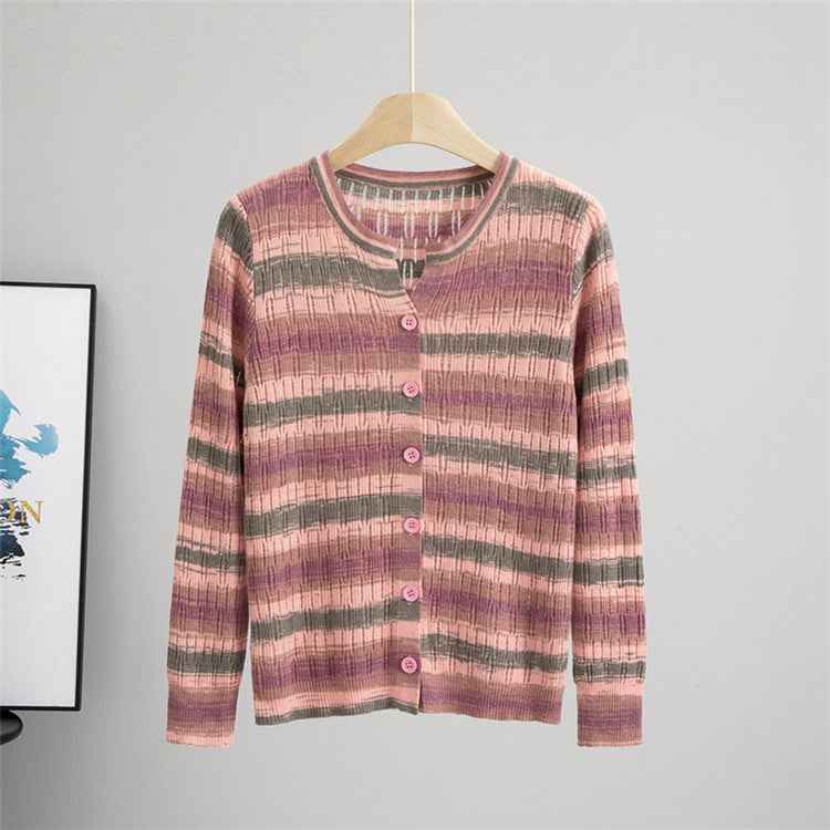Striped Long Sleeved Loose Knitted Cardigan Sweater