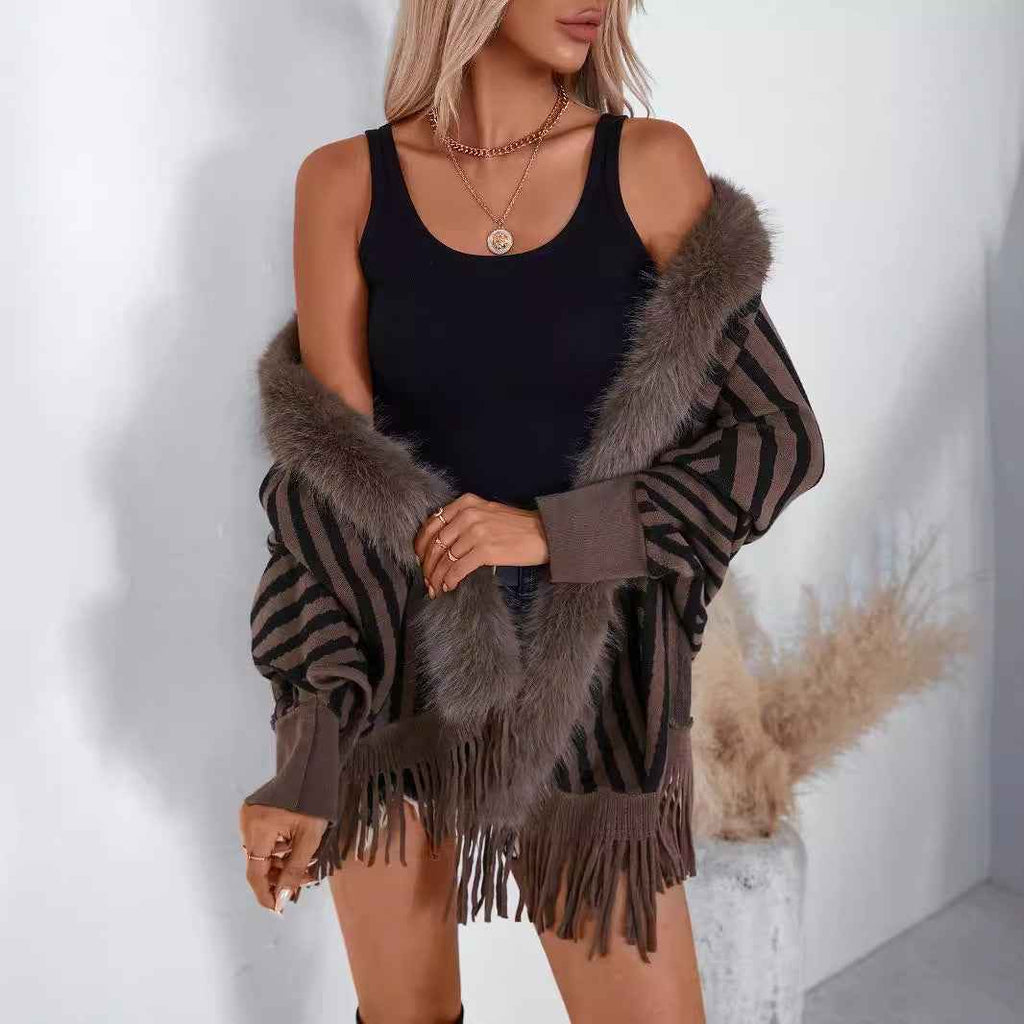 Striped Tassel Knitted Sweater for Women