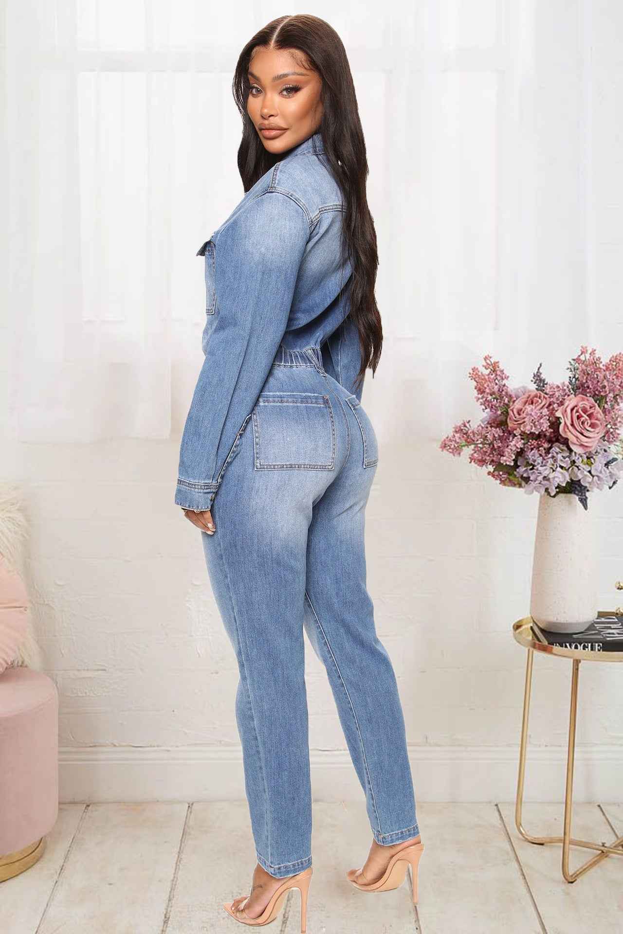 Women's Slim Elastic Band Washed Denim Jumpsuit