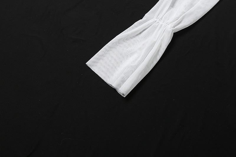 See through Turtle Bell Sleeve Split Skirt Set