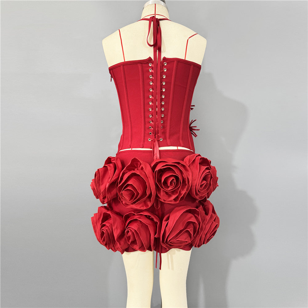 Halter Top Three Dimensional Floral Skirt Set Two Piece Bandage