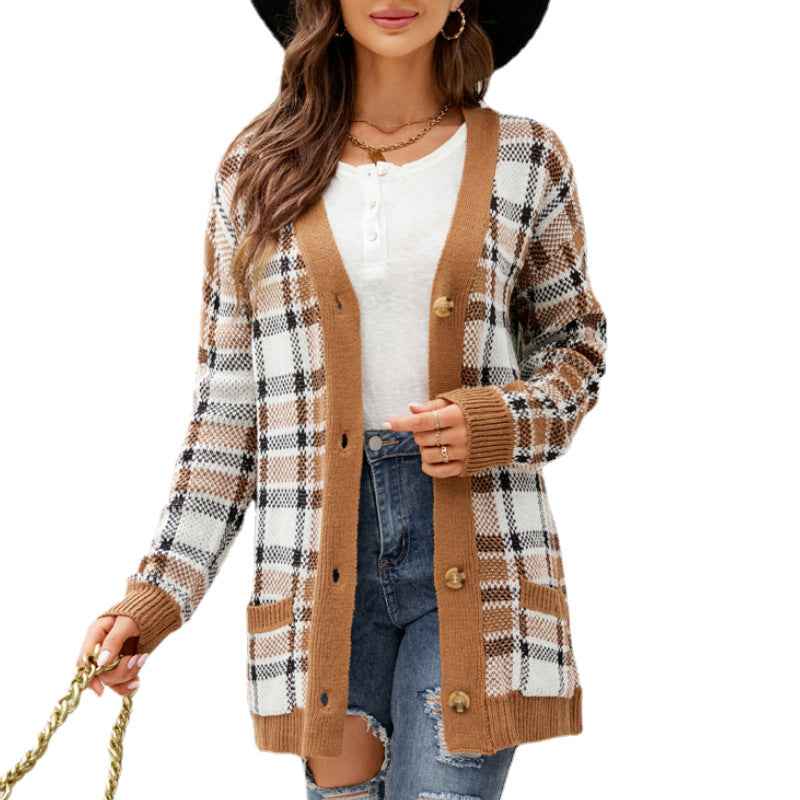 Plaid Sweater Knitted Cardigan