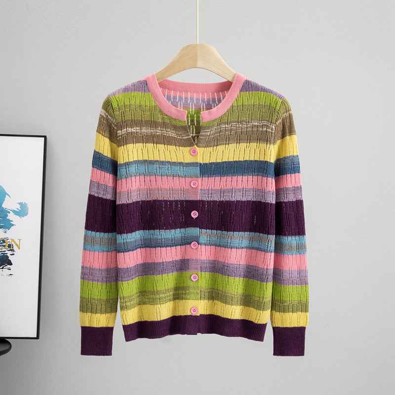 Striped Long Sleeved Loose Knitted Cardigan Sweater