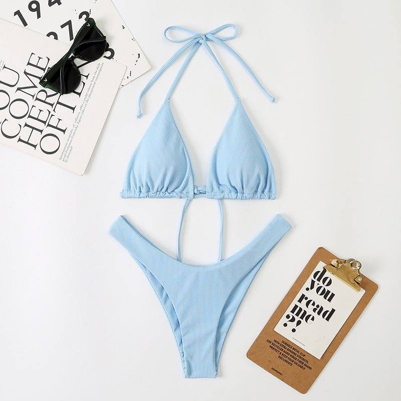 Women Split Sexy Double Sided Triangle Lace Up Bikini Beach Swimwear