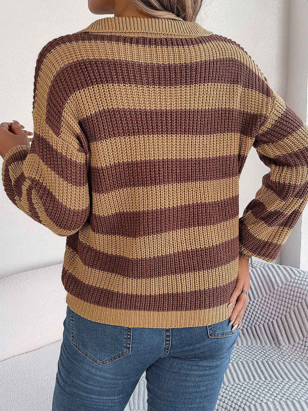 Casual Collar Contrast Color Long Sleeve Knitted Pullover Sweater
