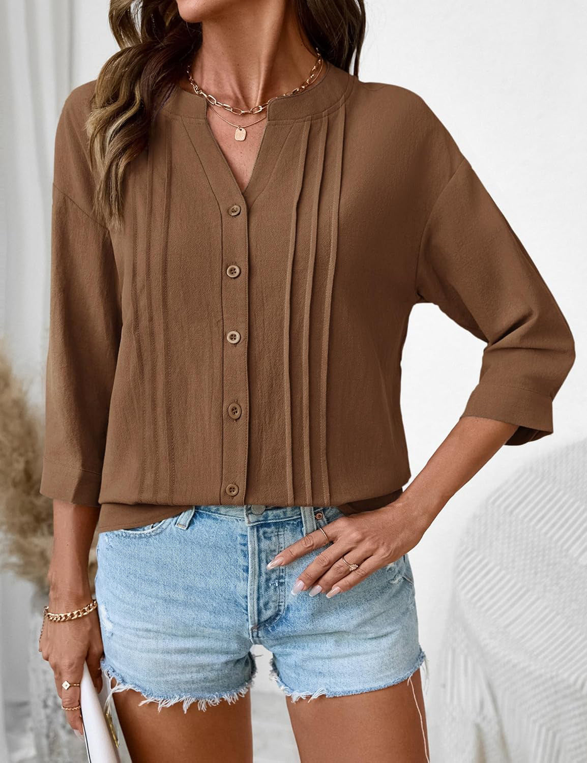 Half Open Collar Single Breasted Pleated Cropped Sleeve Blouse