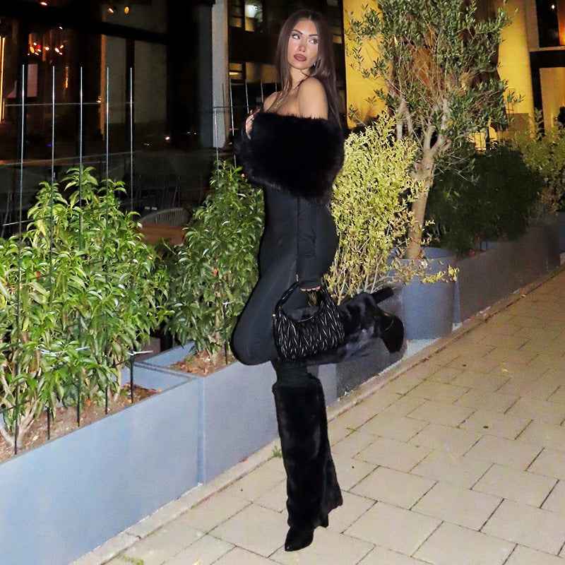Sexy off the Shoulder Furry Slim Fit Patchwork Jumpsuit