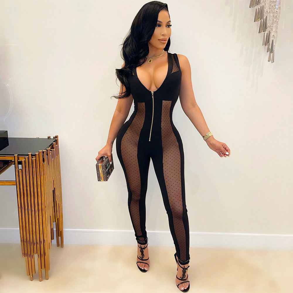 Sexy Mesh See through Stitching Jumpsuit