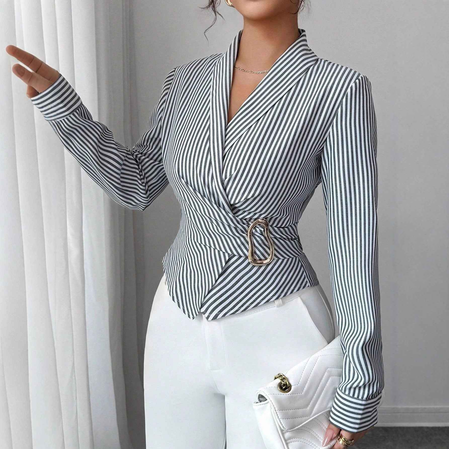 Irregular Asymmetric Metal Special Shaped Button Blouse
