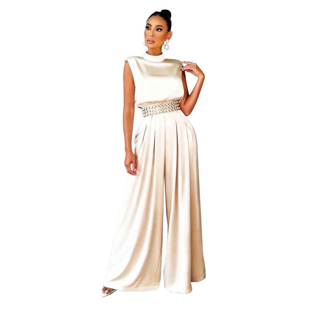 Solid Color Turtleneck Sleeveless Fitted Waist Jumpsuit No Belt