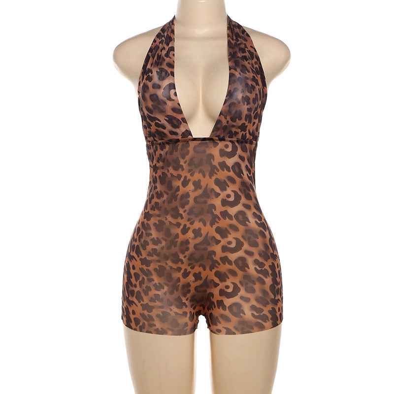 Summer Style Women's Sexy Deep V Plunge Backless Halter Butt Lifting Leopard Print Romper