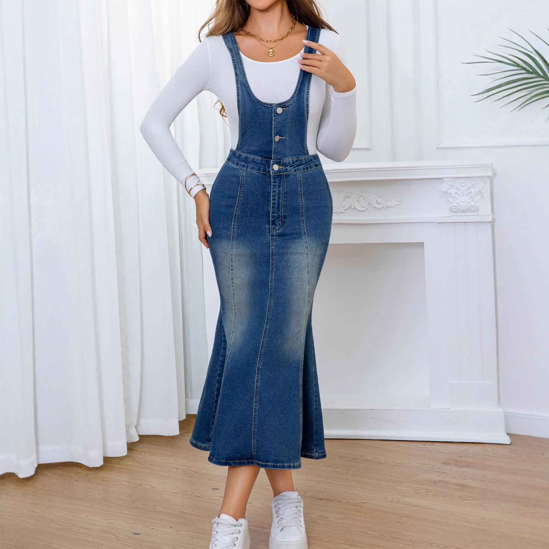 Large Stretch Fishtail Women's Denim Jumpsuit