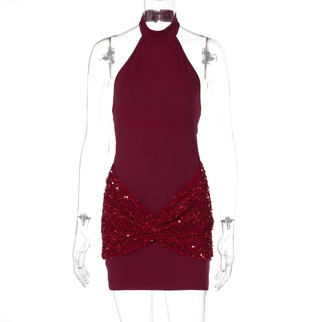 Women's Sequin Stitching Halter Backless Slim Fit Sheath Dress