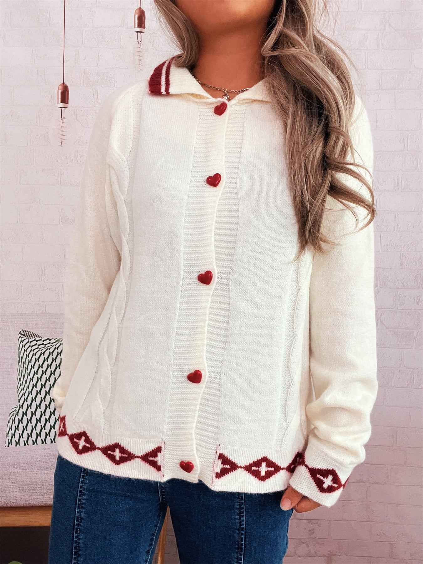 Valentine's Day Retro Pattern Cute Love Button Long Sleeve Knit Cardigan Sweater