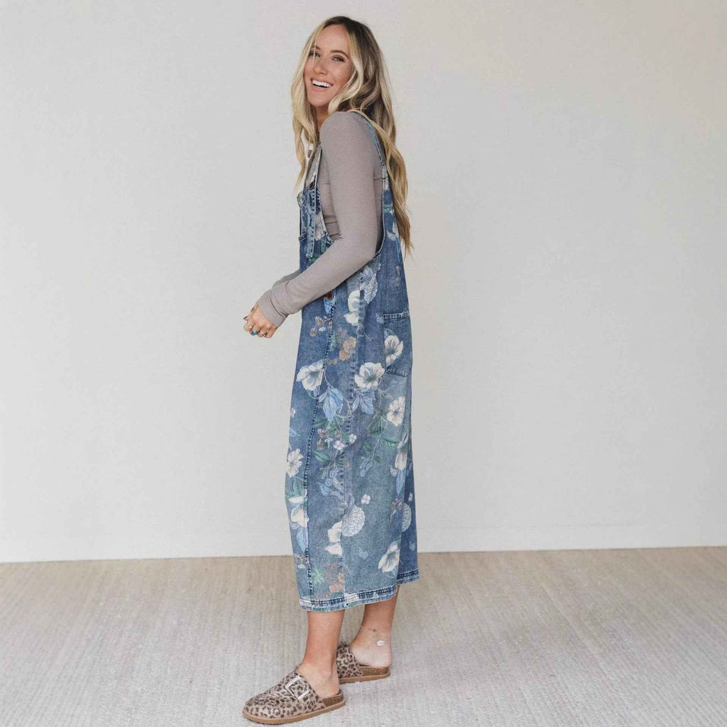 Street Trends Loose Printed Denim Jumpsuit