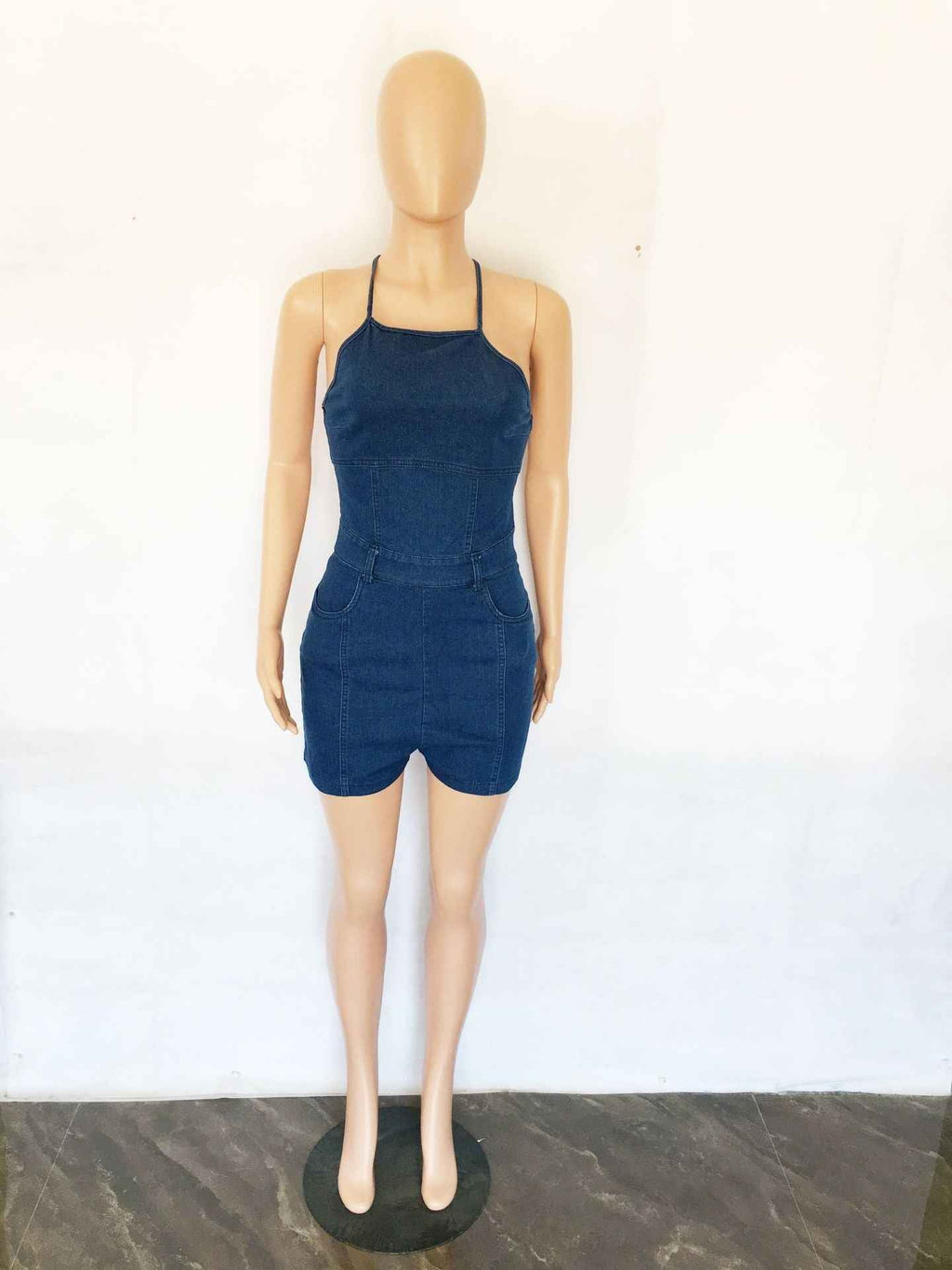 Casual Slim Fit Backless Bandage Denim Jumpsuit