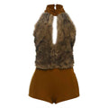 Sexy Fur Stitching Halter Cut out Backless Romper
