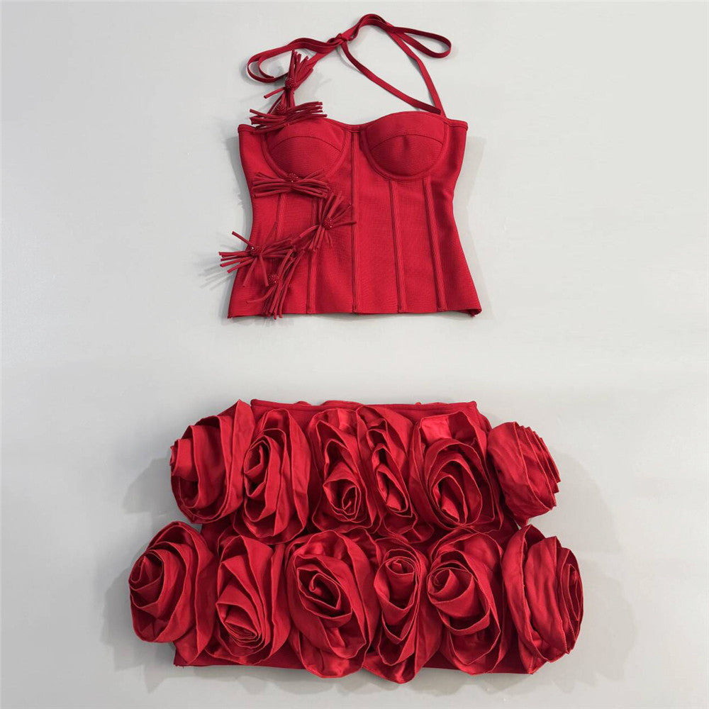 Halter Top Three Dimensional Floral Skirt Set Two Piece Bandage