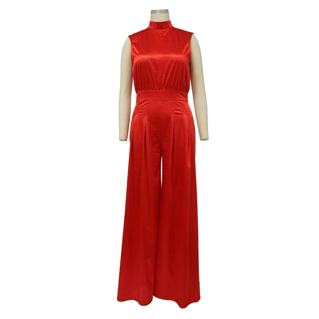 Solid Color Turtleneck Sleeveless Fitted Waist Jumpsuit No Belt