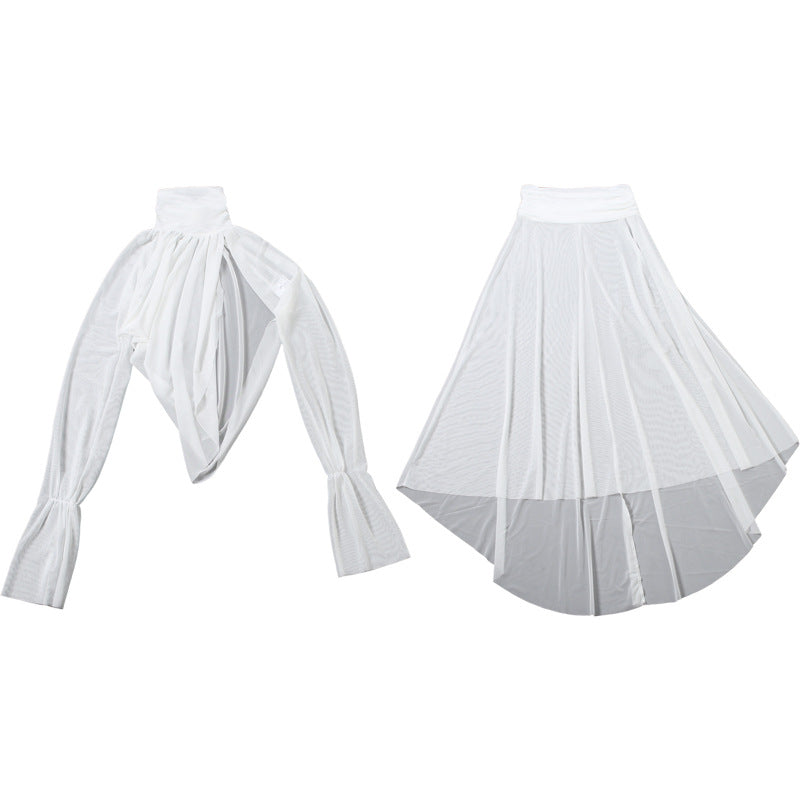 See through Turtle Bell Sleeve Split Skirt Set