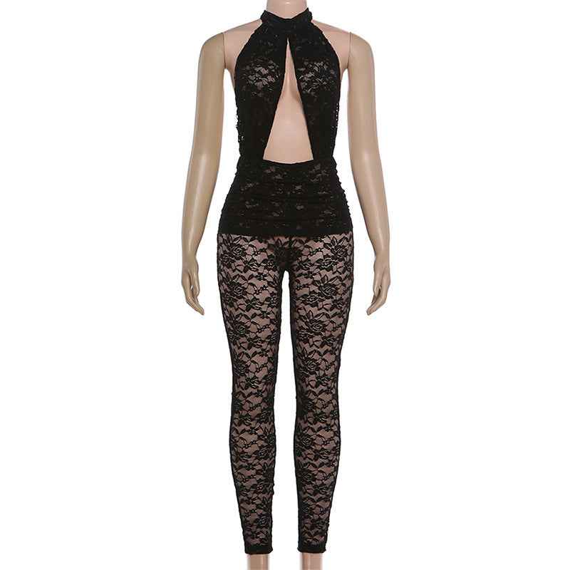 Sexy Lace Stitching Halter Backless Slim Fit Jumpsuit