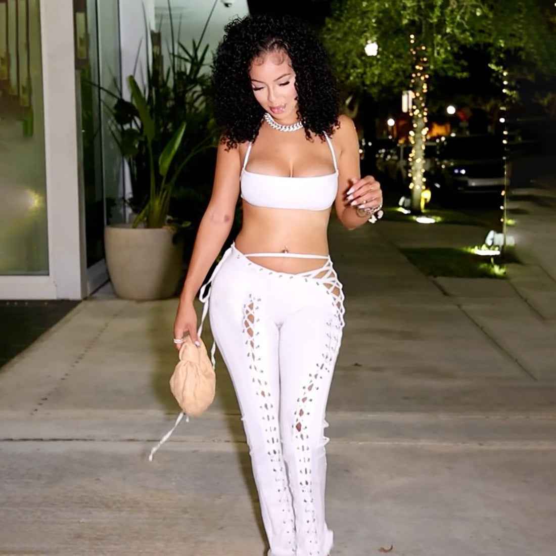 Street Lace up Jumpsuit Two Piece Set
