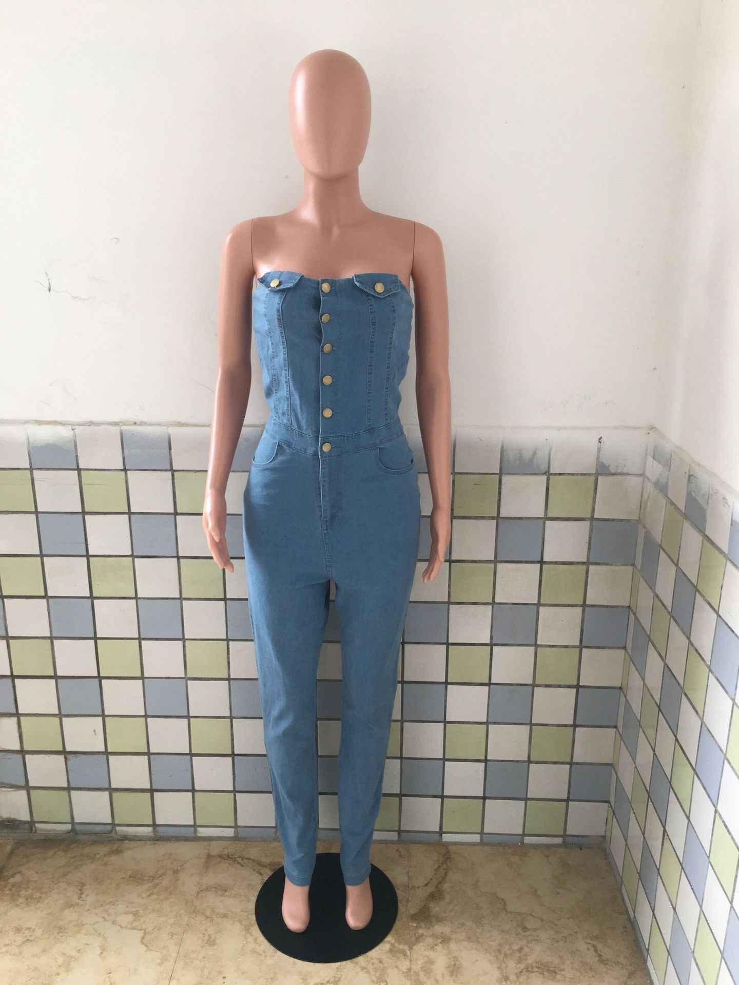Casual Tube Top Slim Fit Denim Jumpsuit