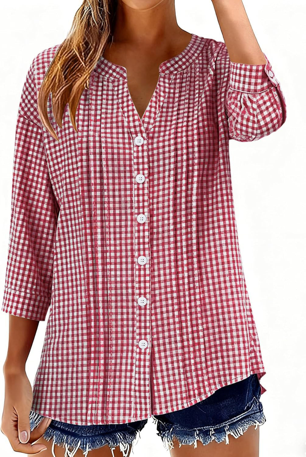 Half Open Collar Single Breasted Pleated Cropped Sleeve Blouse