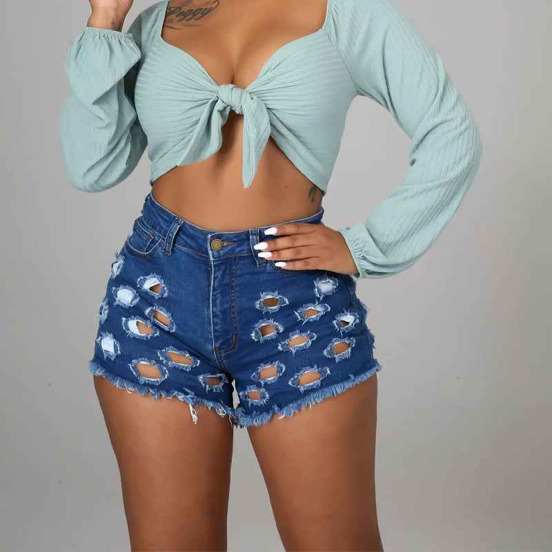 Solid Color Ripped High Waist Stretch Women's Bottoms