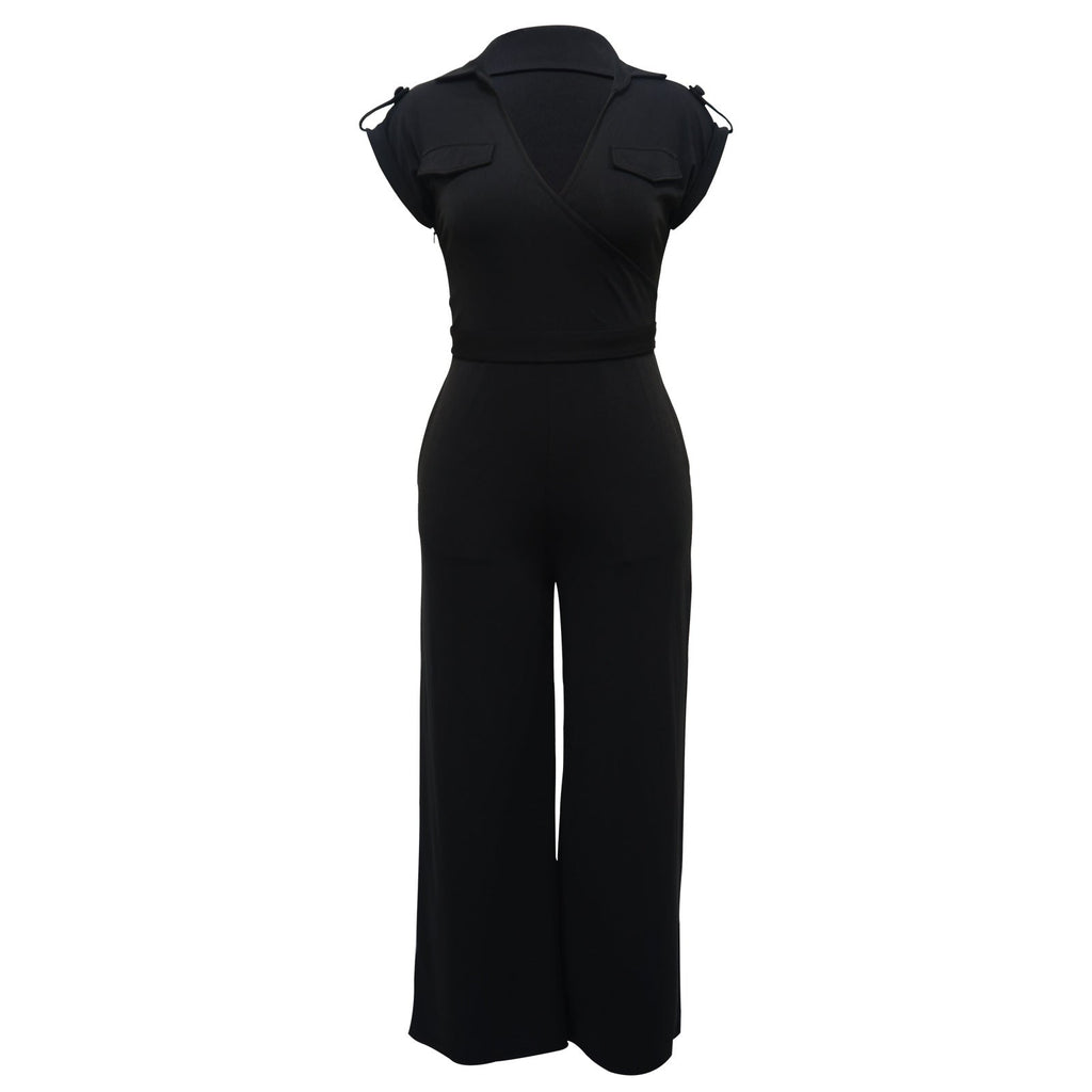Women Solid Color Sleeveless V neck Wide Leg Jumpsuit