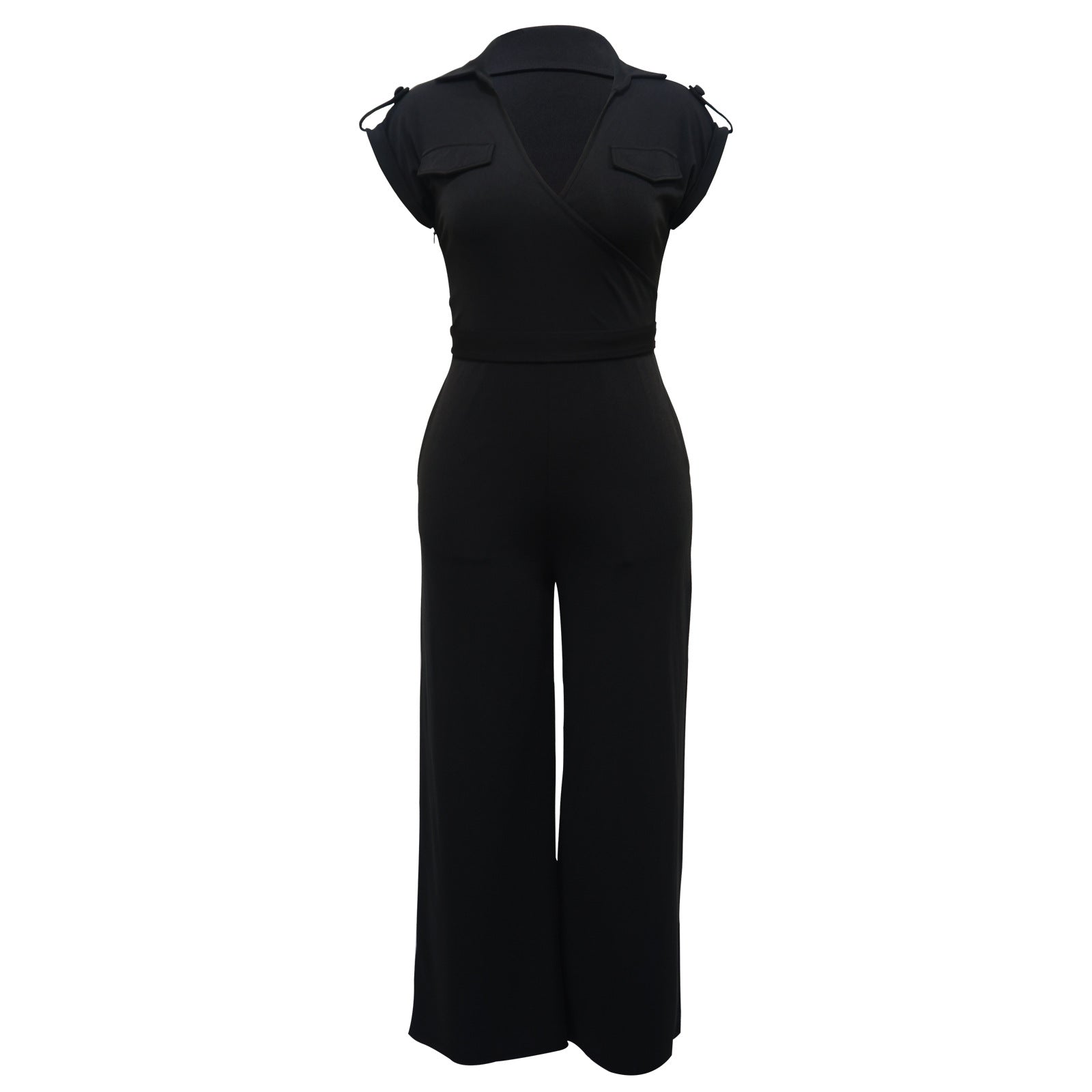 Women Solid Color Sleeveless V neck Wide Leg Jumpsuit